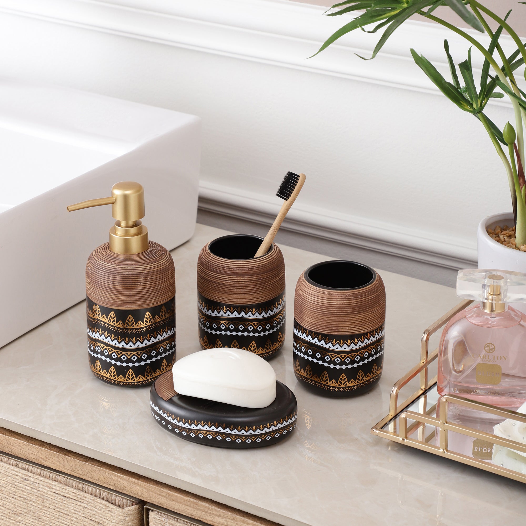 Earthy Aztec Pattern 4 Piece Bath Set (Black)