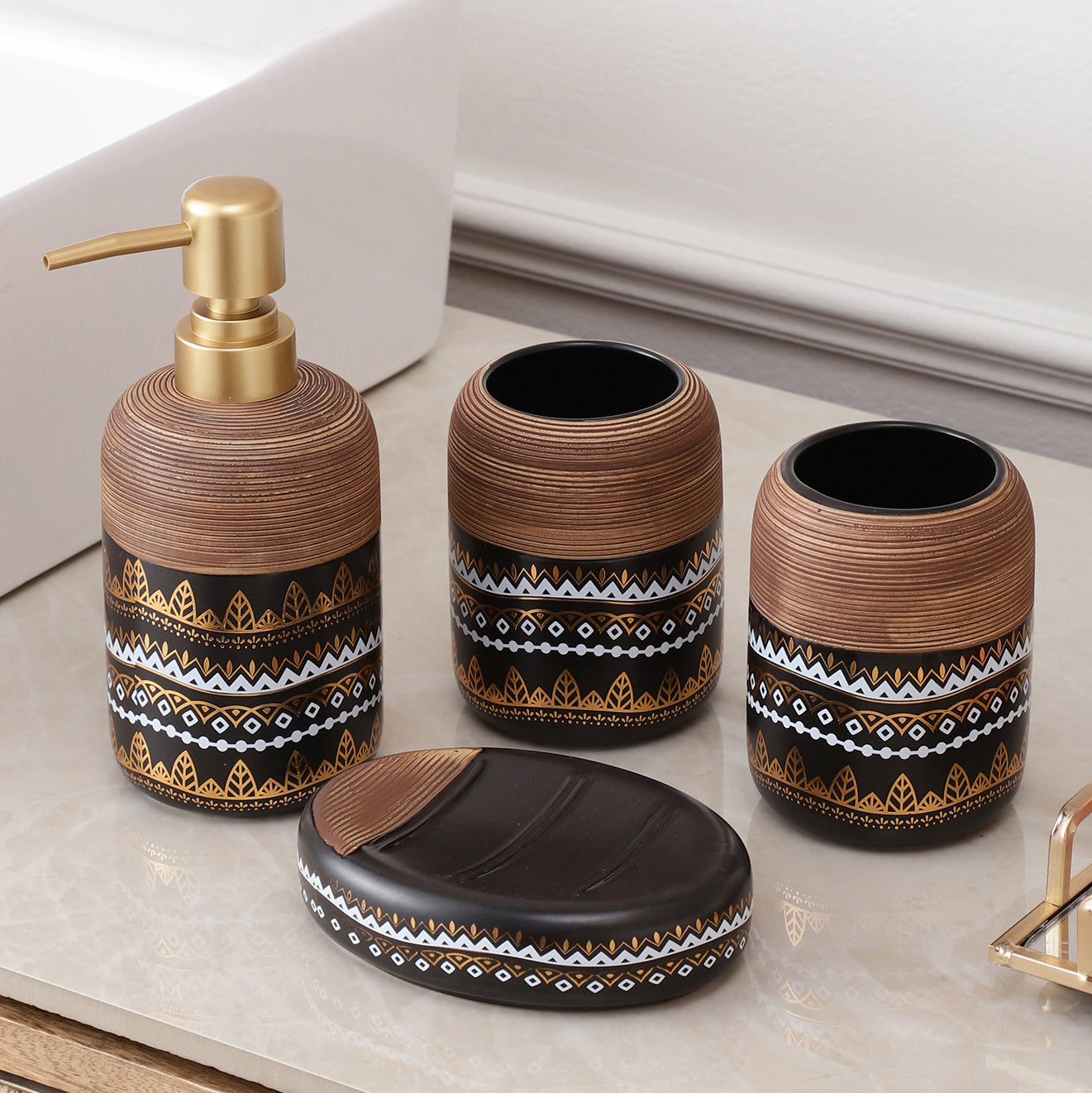 Earthy Aztec Pattern 4 Piece Bath Set (Black)