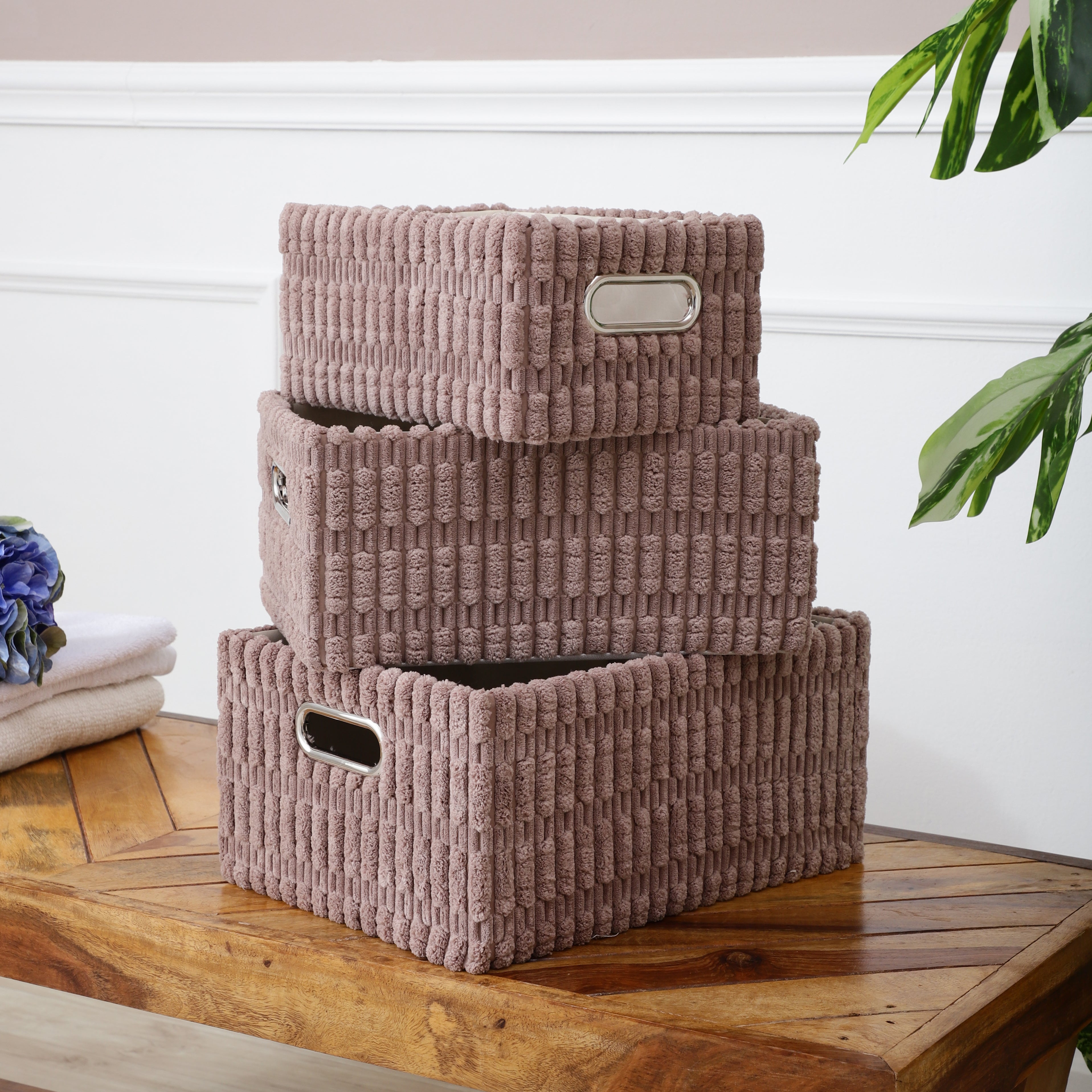 LuxeLoom Brown – Suede Storage Box (Set of 3)