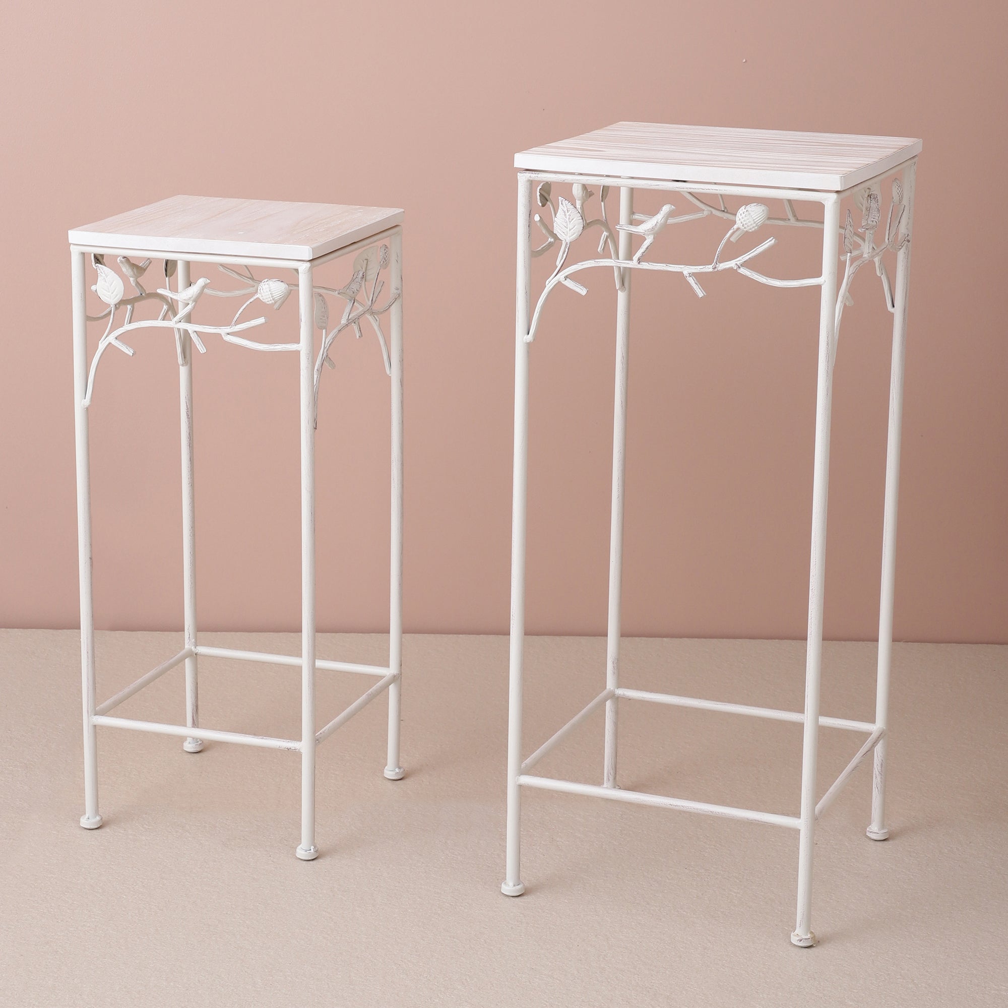 Square Bird Pattern Wood & Metal Tables (Set of 2)