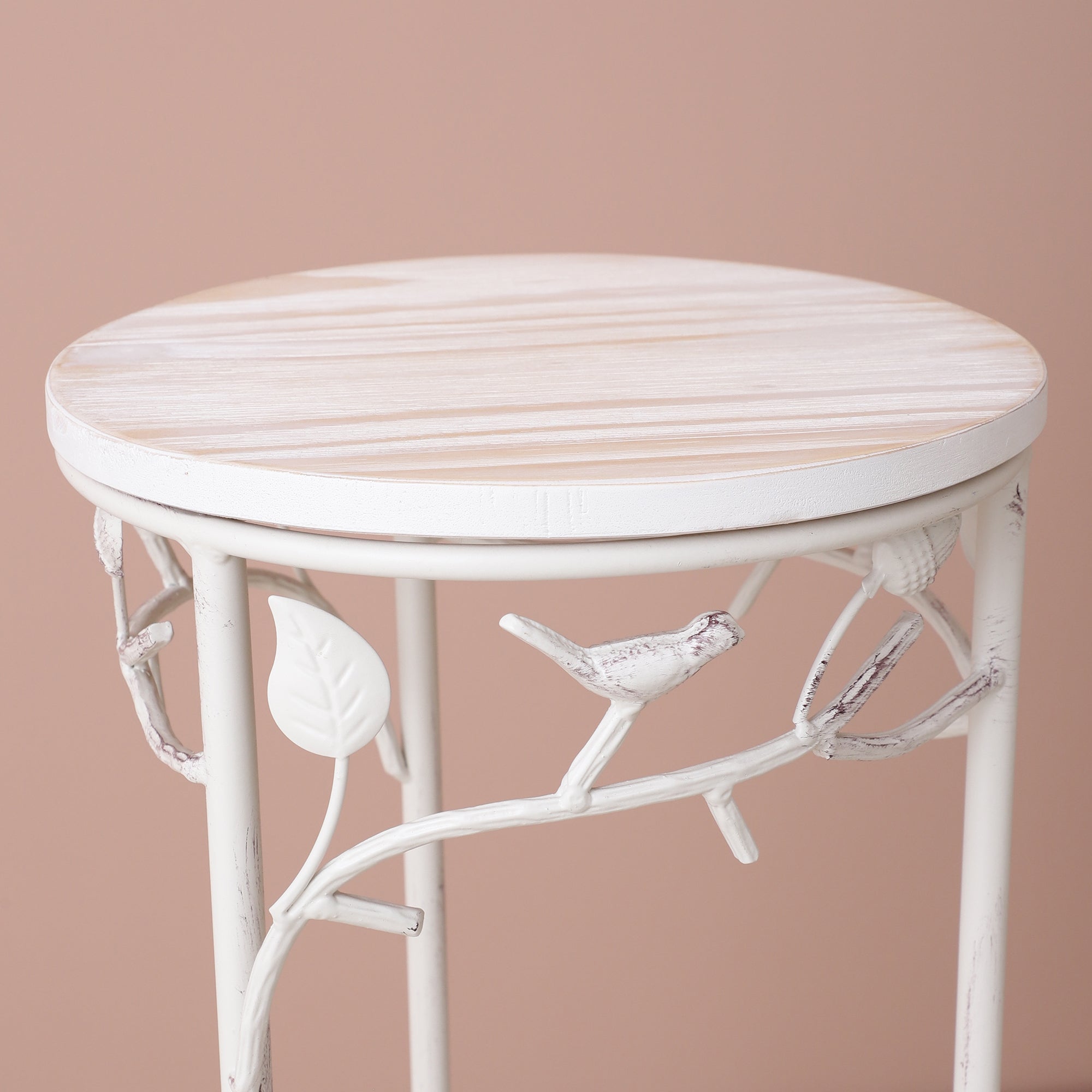 Round Bird Pattern Wood & Metal Tables (Set of 2)