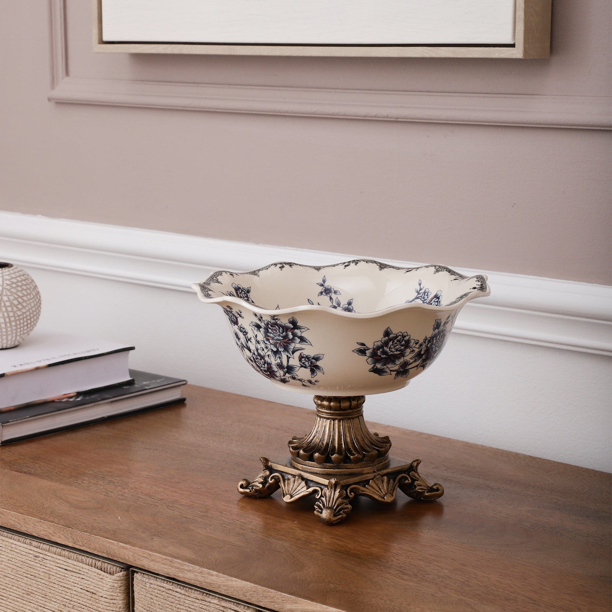 Blue Round Ceramic Bowl With Gold Base (Large)