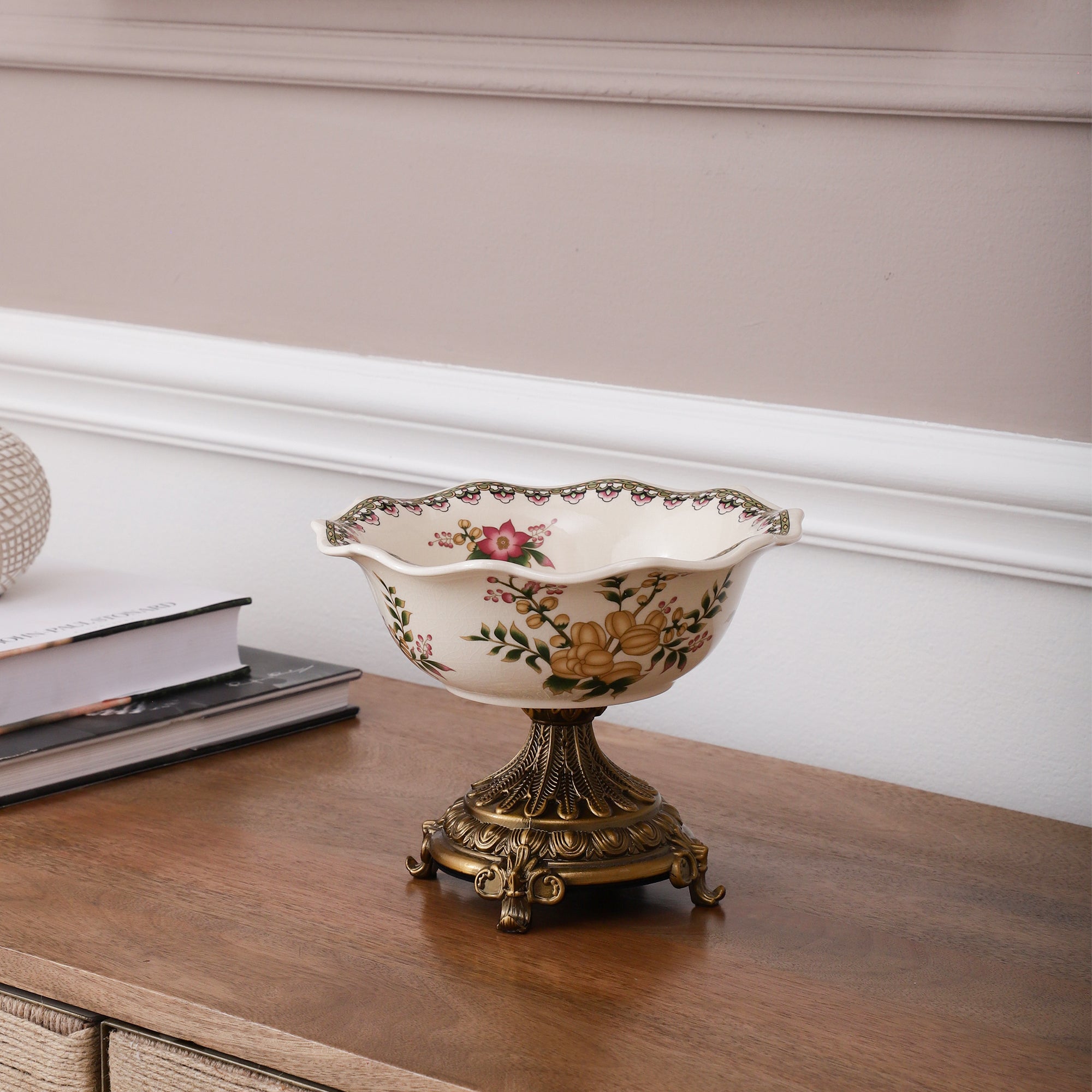 Yellow Round Ceramic Bowl With Gold Base