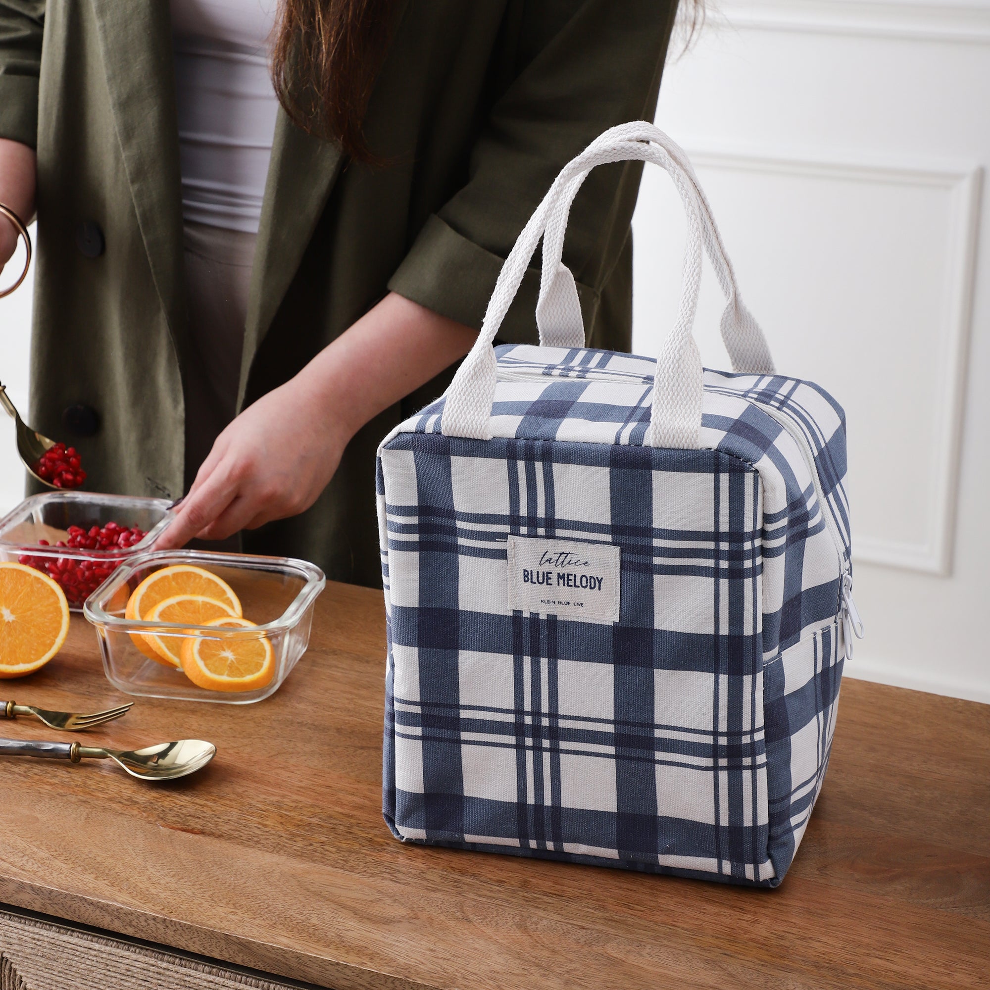 Blue Checked Insulated Lunch Bag