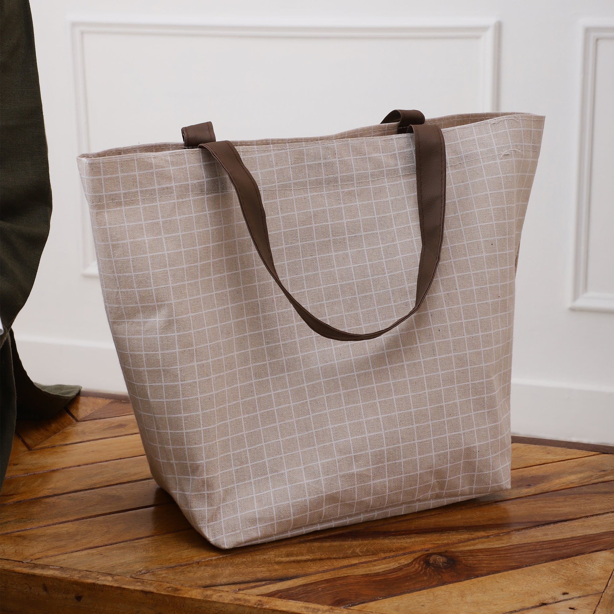 Beige Chequered CarryAll Tote with Leather Handles