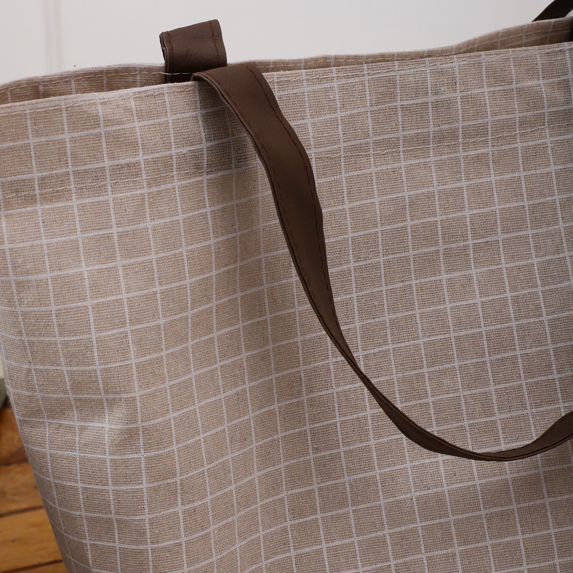 Beige Chequered CarryAll Tote with Leather Handles