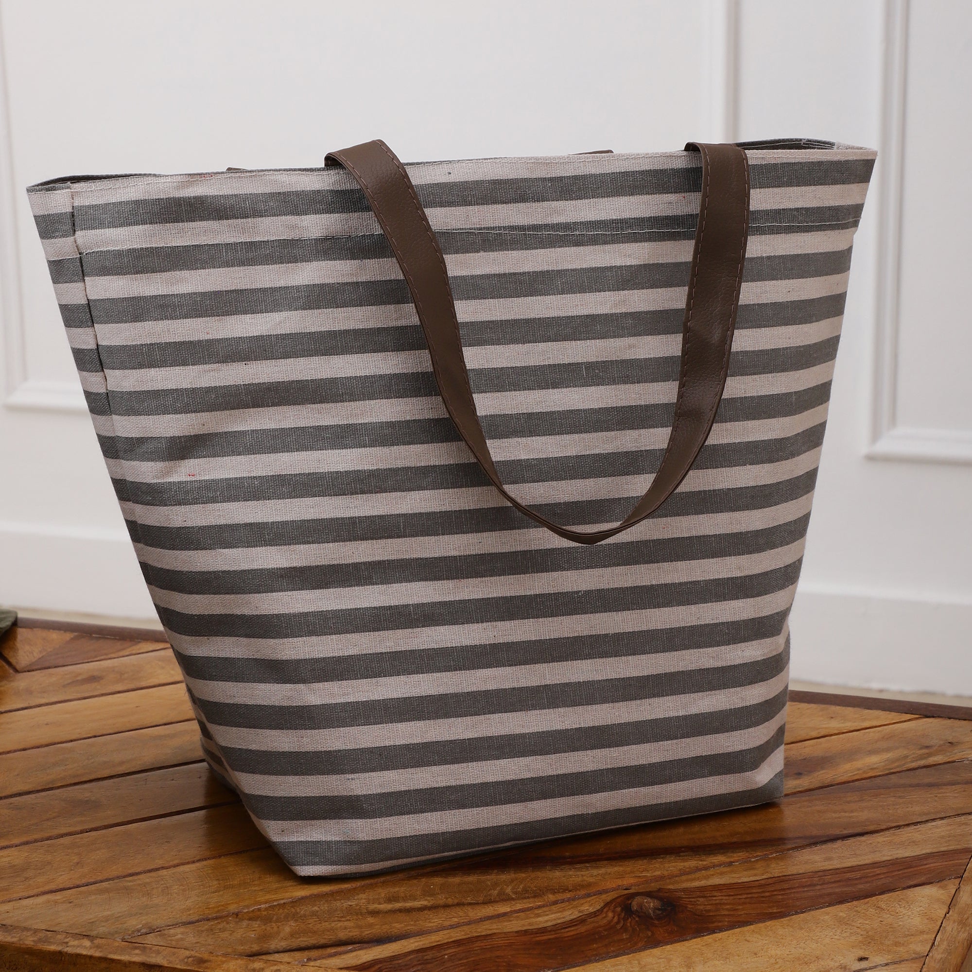 Grey Stripe CarryAll Tote with Leather Handles
