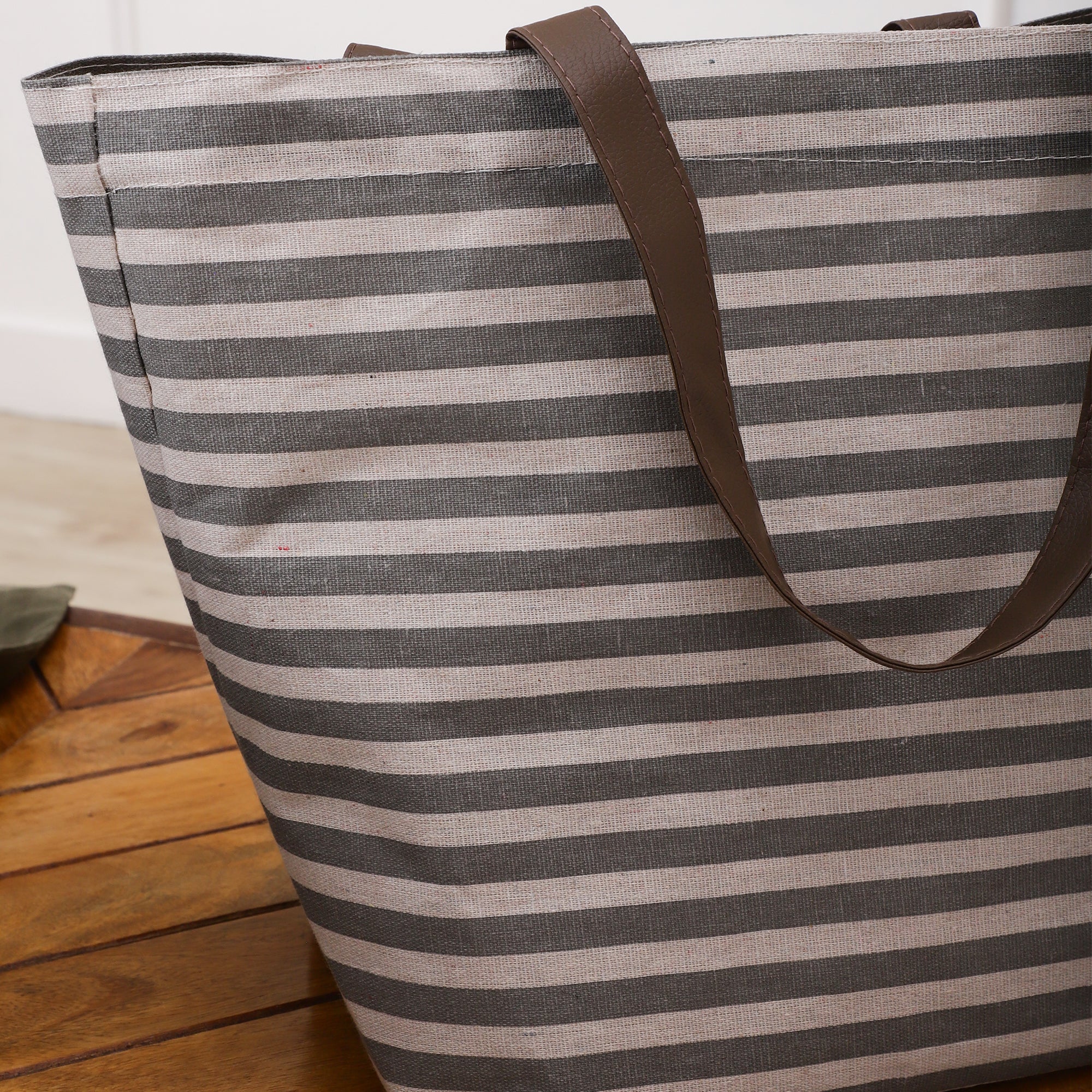 Grey Stripe CarryAll Tote with Leather Handles