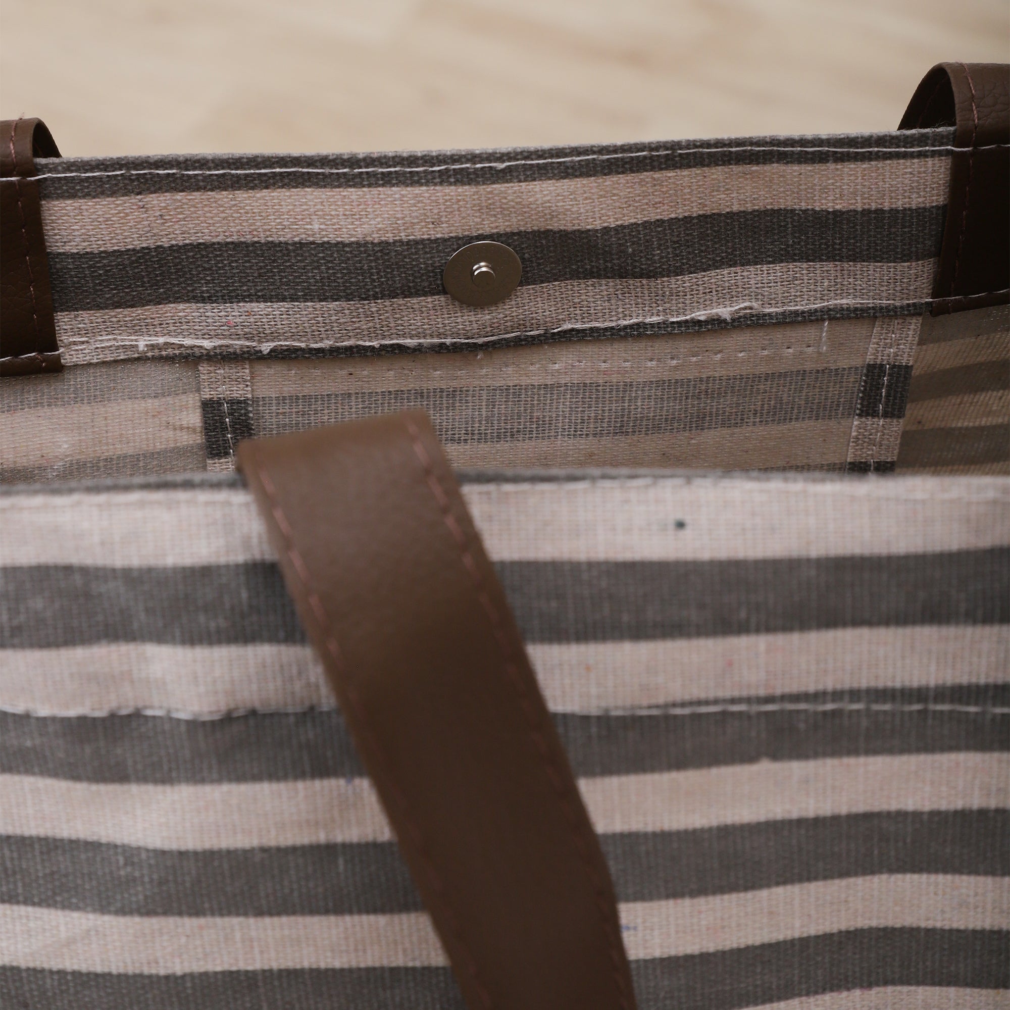 Grey Stripe CarryAll Tote with Leather Handles