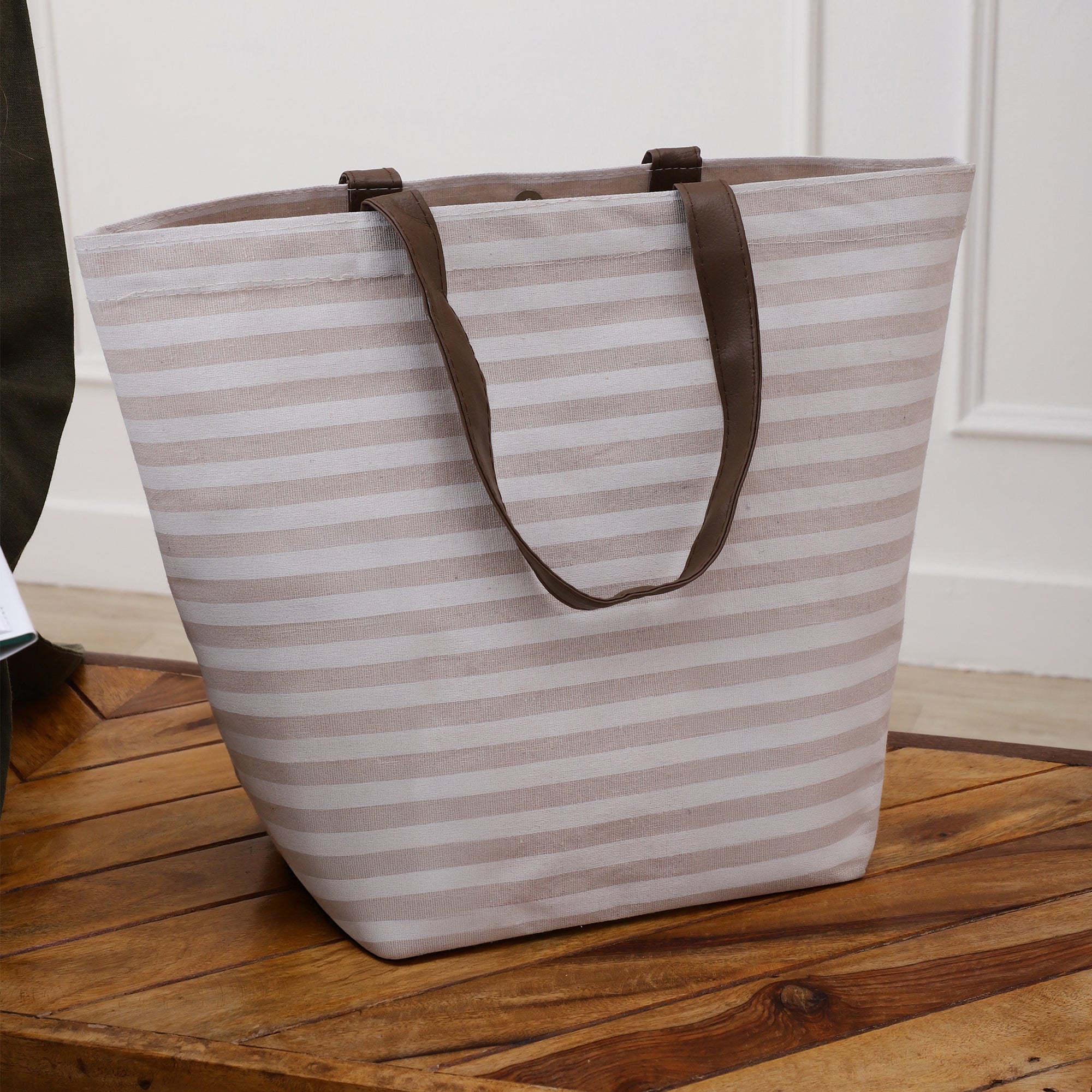 Beige Stripe CarryAll Tote with Leather Handles