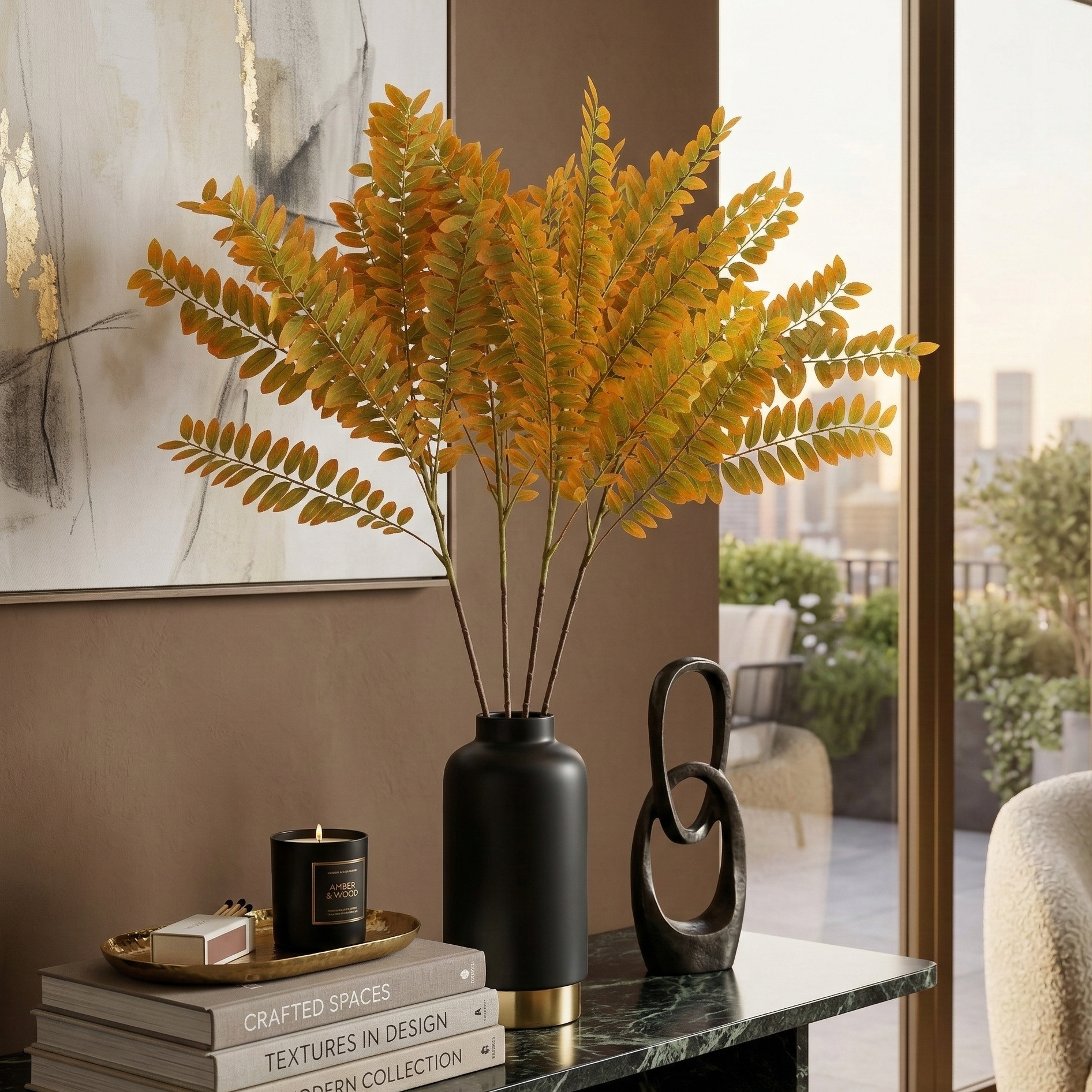 Vibrant Orange & Green Faux Fern Stick (Single)