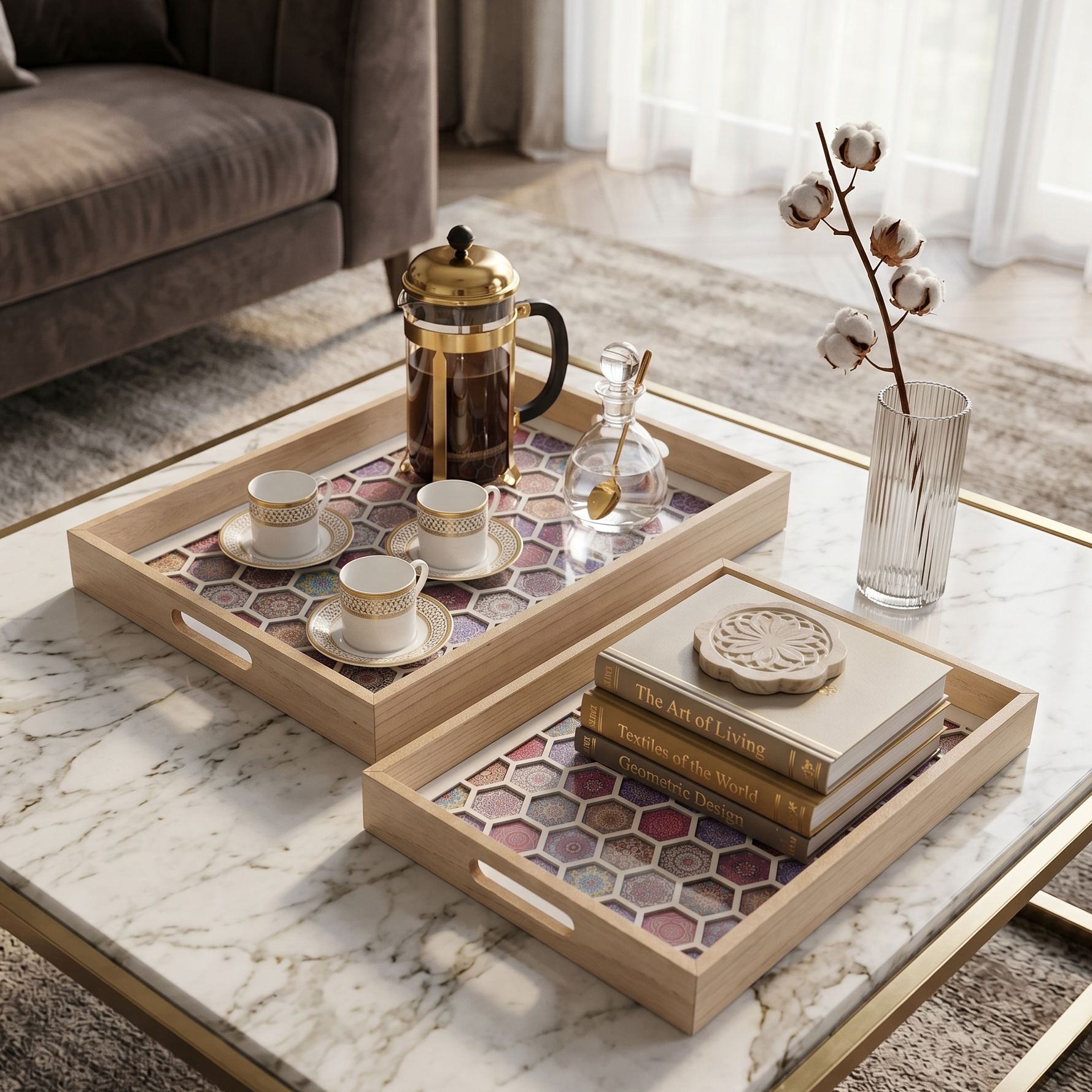 White Honeycomb Wooden Serving Tray (Set of 2)