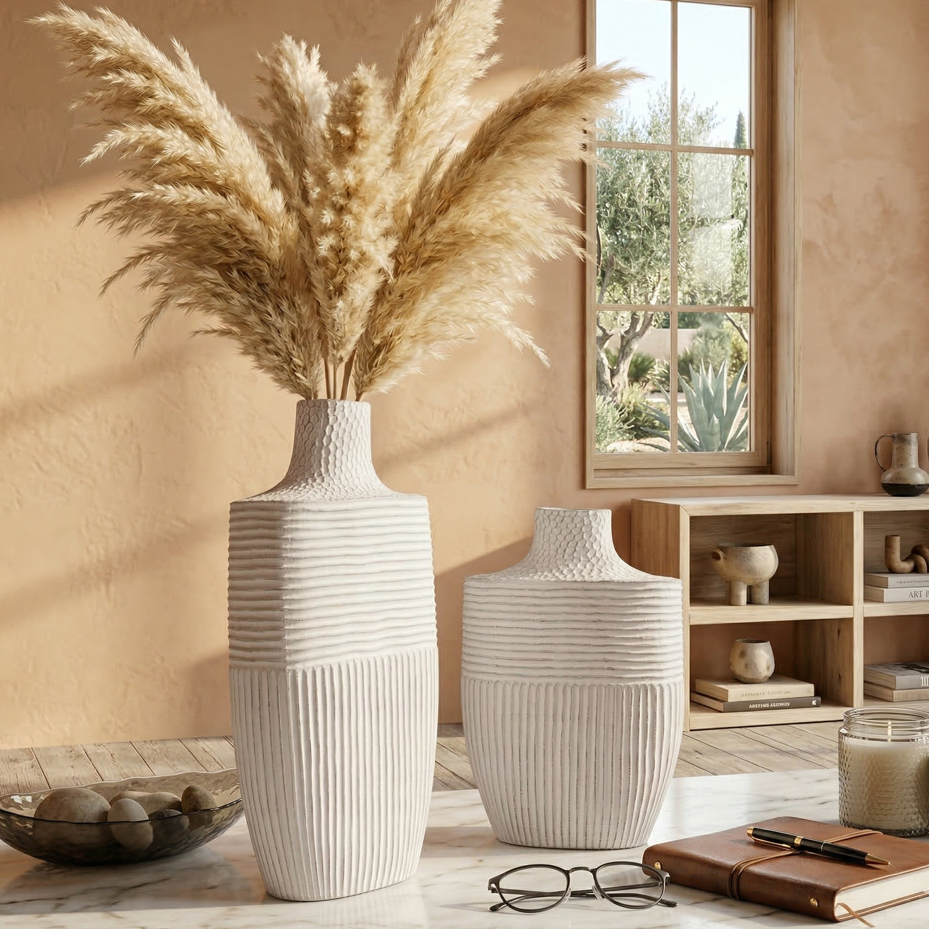 White Ribbed Earthen Vase (Single)
