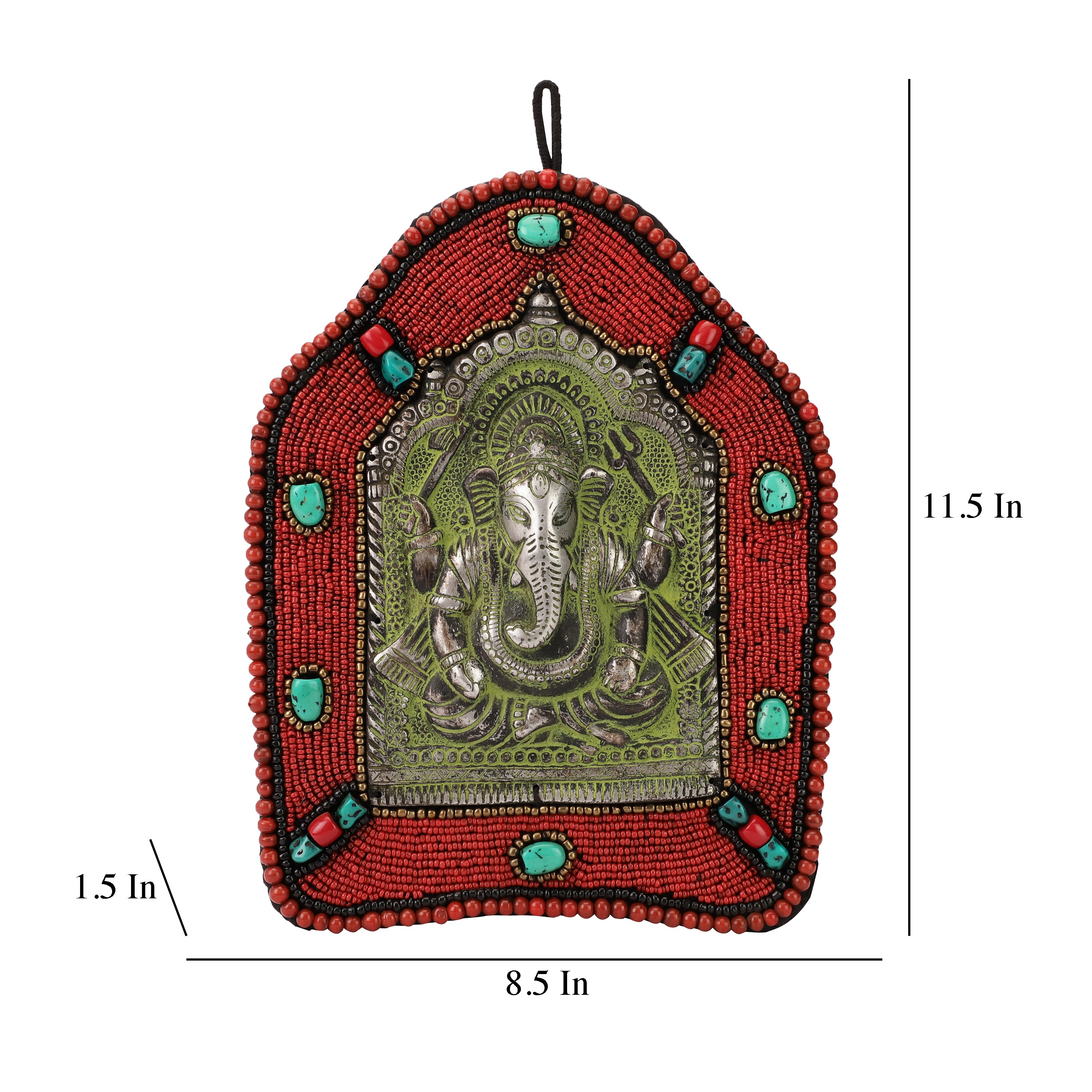 Red Beads and Stone Ganesh Mandir Metal Wall Art