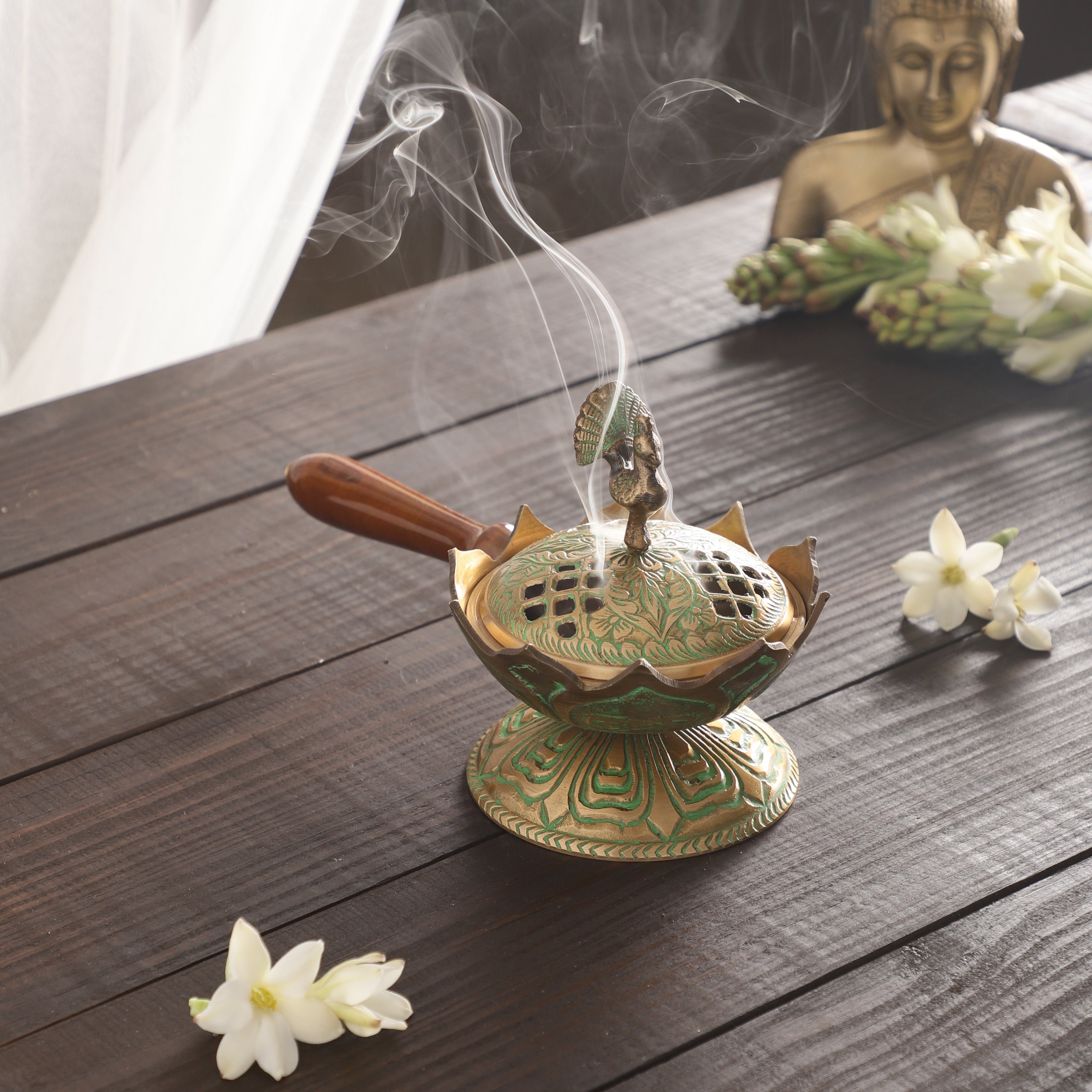 Wooden Handle Peacock Incense Holder