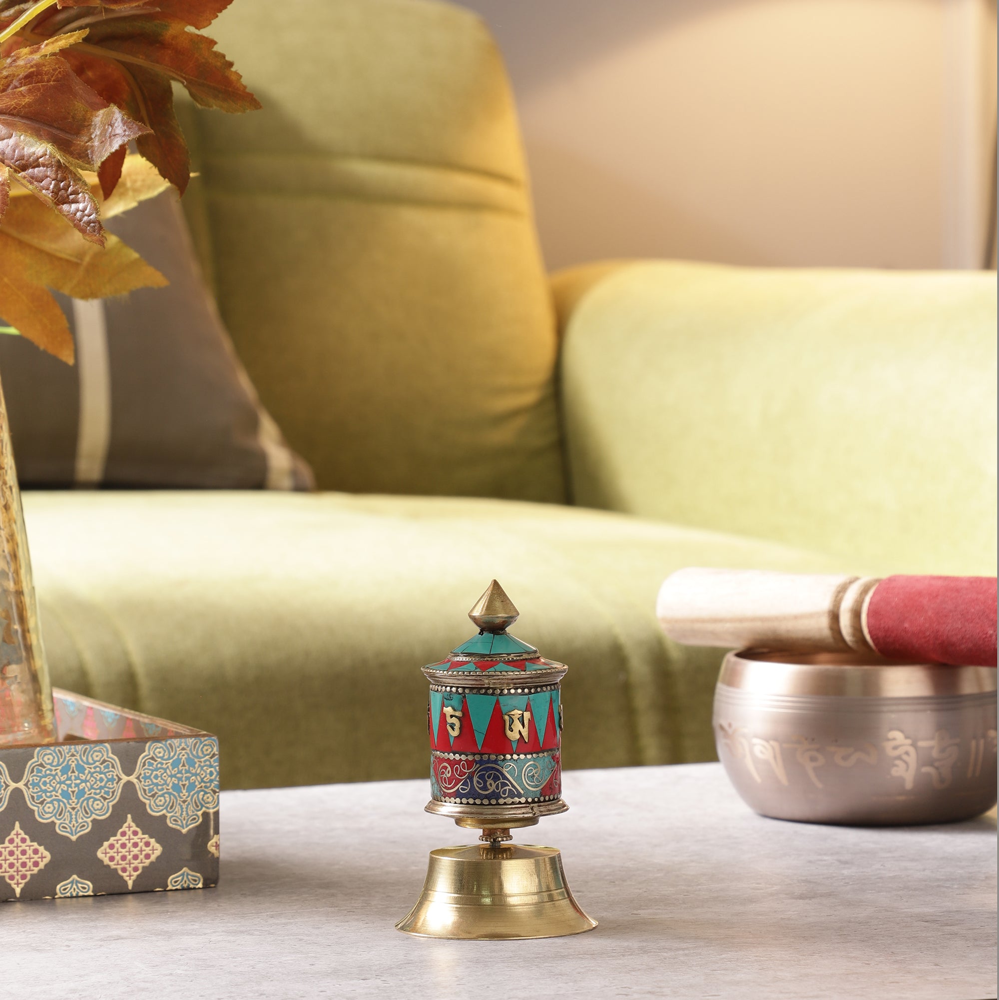 Blue Stone Buddhist Prayer Wheel (Table Top) (Multicolour)