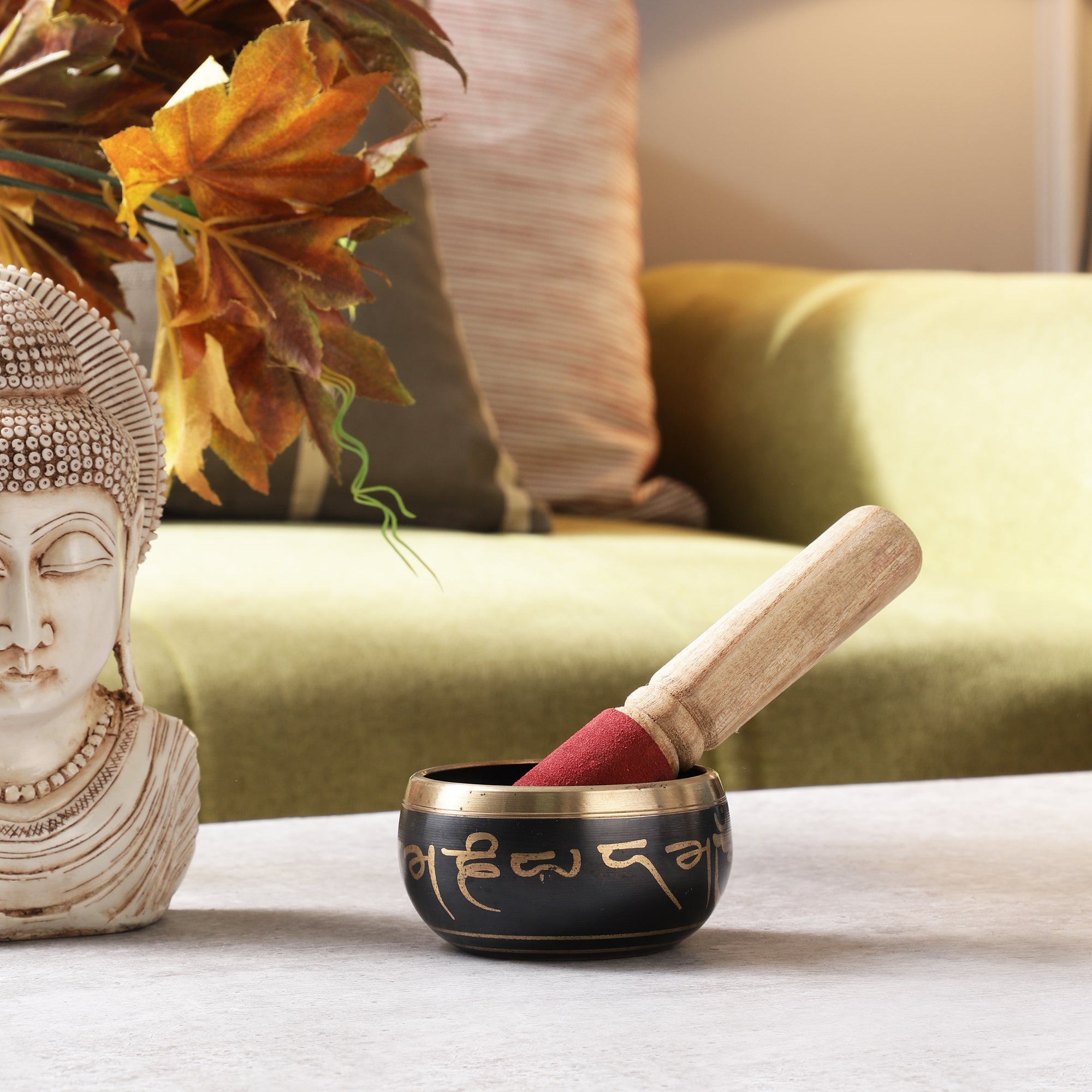 Buddha Carving Black Tibetan Singing Bowl (with stick)