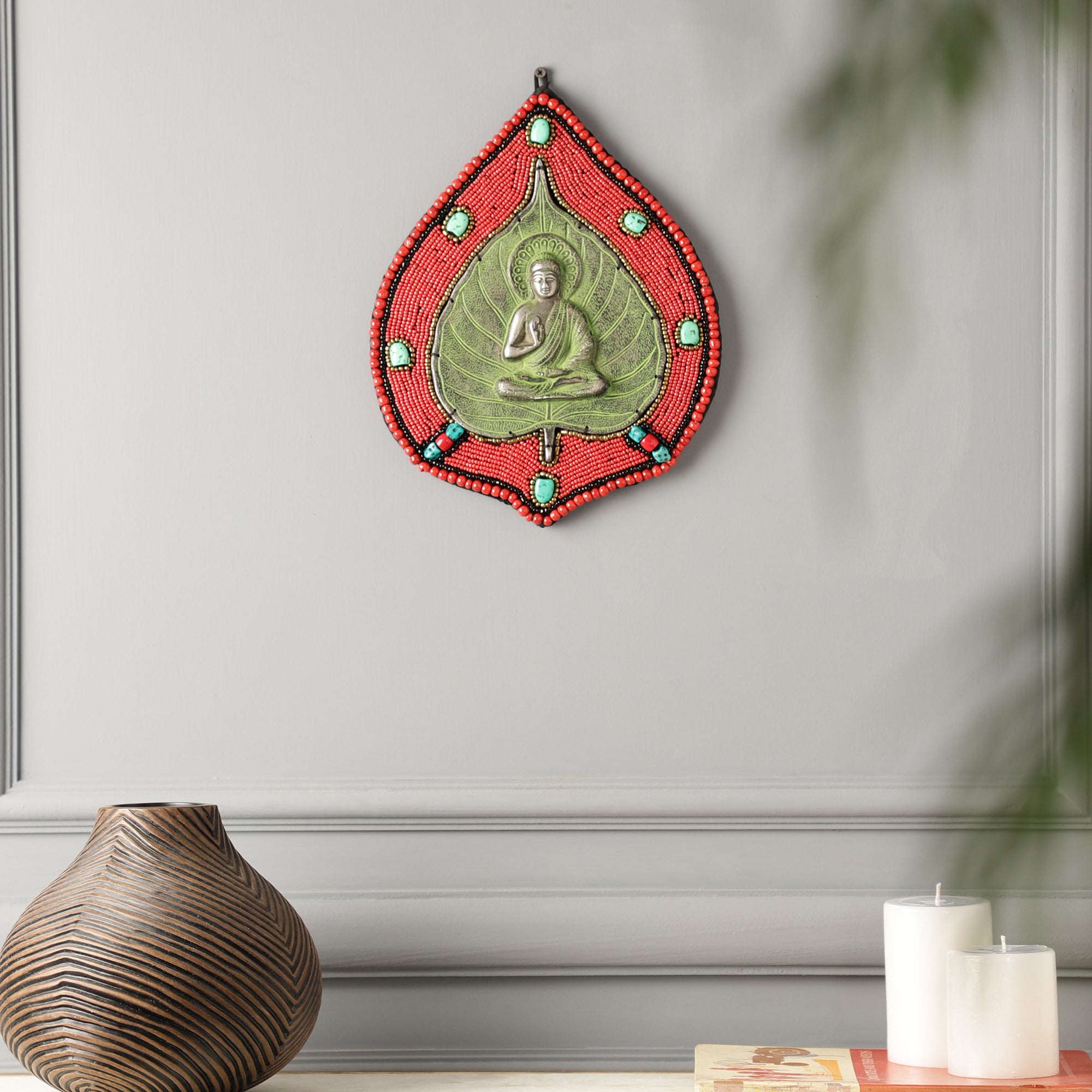 Red Beads and Stone Leaf Buddha Metal Wall Art